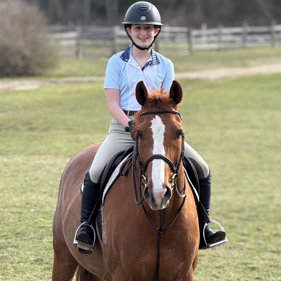 Girls "Luna II" Light Blue Short Sleeve Performance Show Shirt with Stirrups Trim