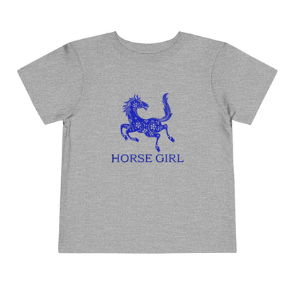 Horse Girl Toddler Tee — Blue Decorative Horse Graphic