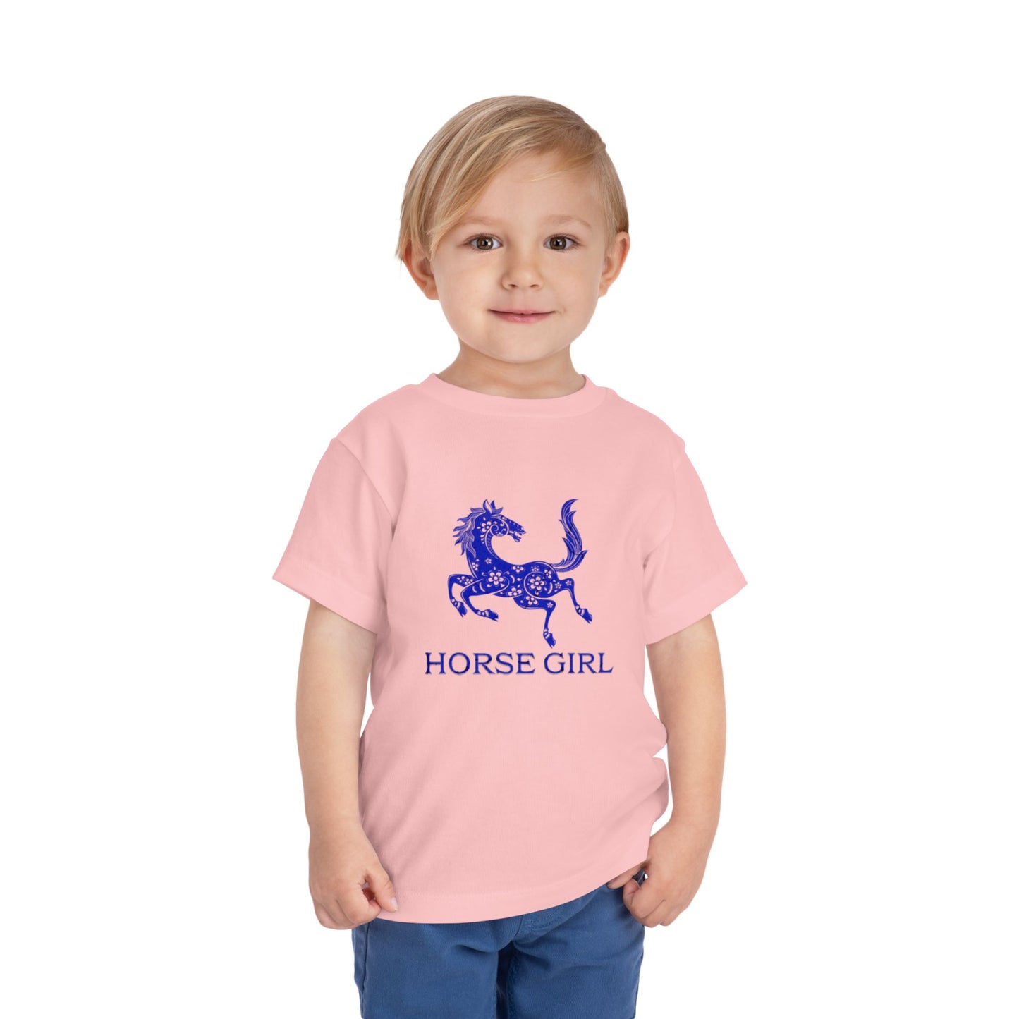 Horse Girl Toddler Tee — Blue Decorative Horse Graphic