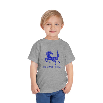 Horse Girl Toddler Tee — Blue Decorative Horse Graphic