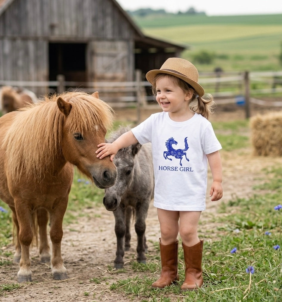 Horse Girl Toddler Tee — Blue Decorative Horse Graphic