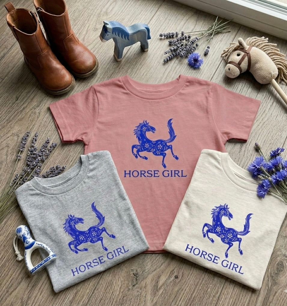 Horse Girl Toddler Tee — Blue Decorative Horse Graphic