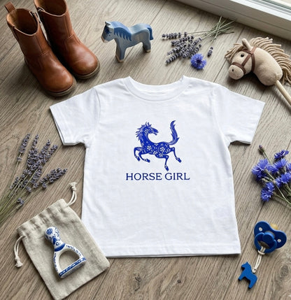 Horse Girl Toddler Tee — Blue Decorative Horse Graphic