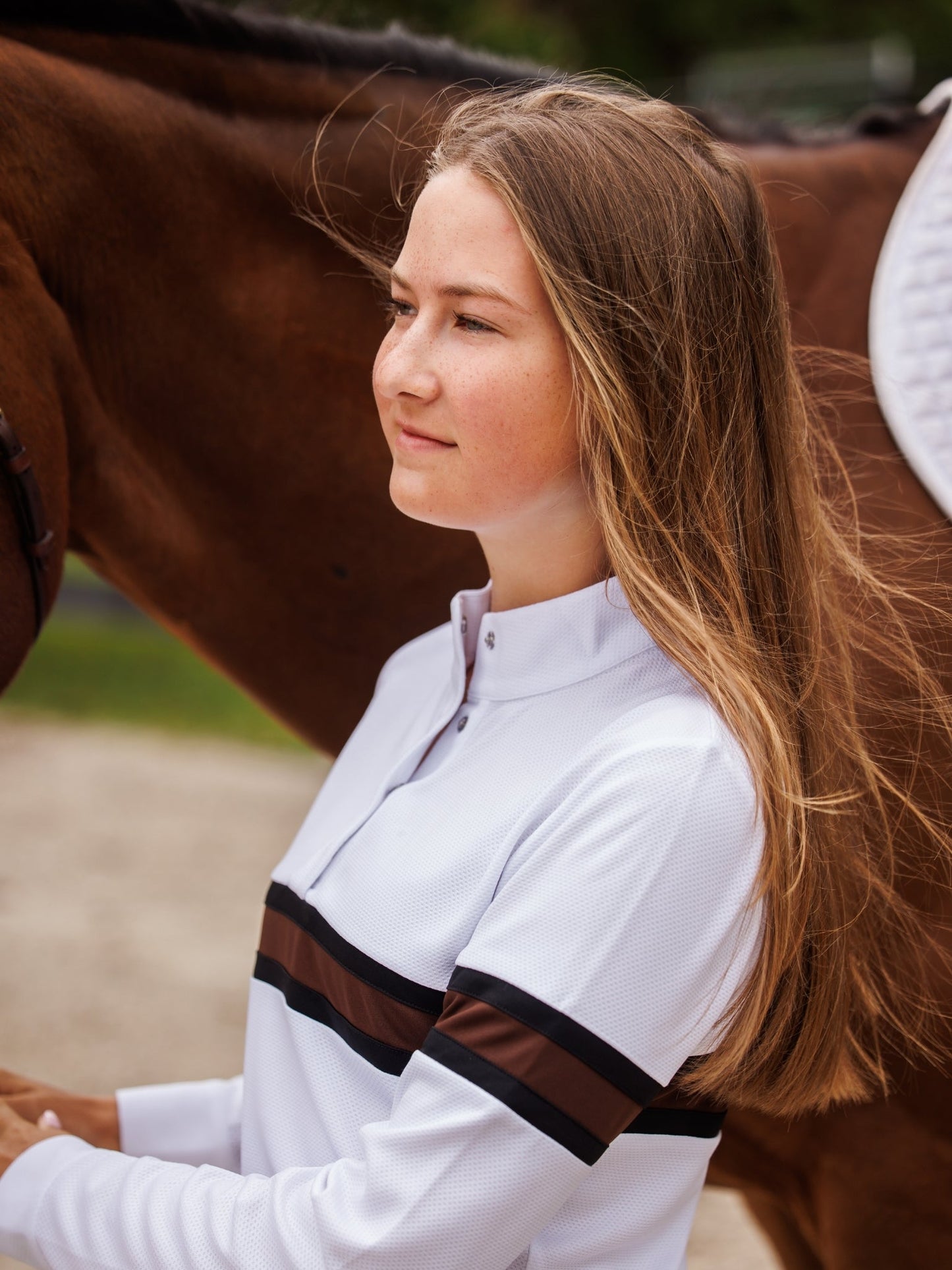 Cambridge Ladies Long Sleeve Show Shirt - White with Black & Chocolate