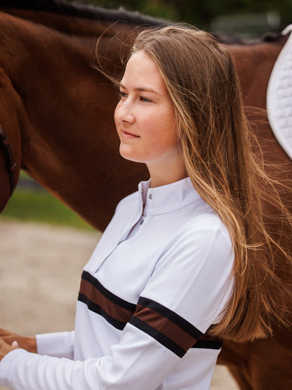 Cambridge Ladies Long Sleeve Show Shirt - White with Black & Chocolate