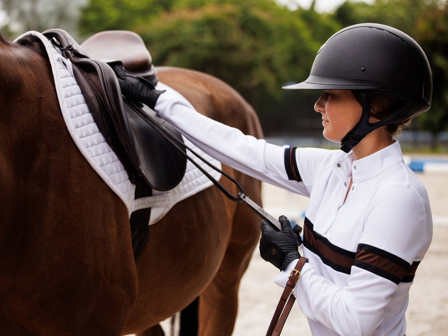 Cambridge Ladies Long Sleeve Show Shirt - White with Black & Chocolate