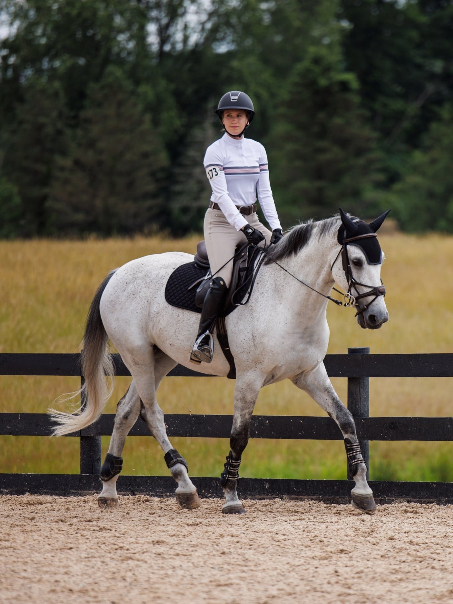 Cambridge Ladies Long Sleeve Show Shirt - White with Grey & Pink