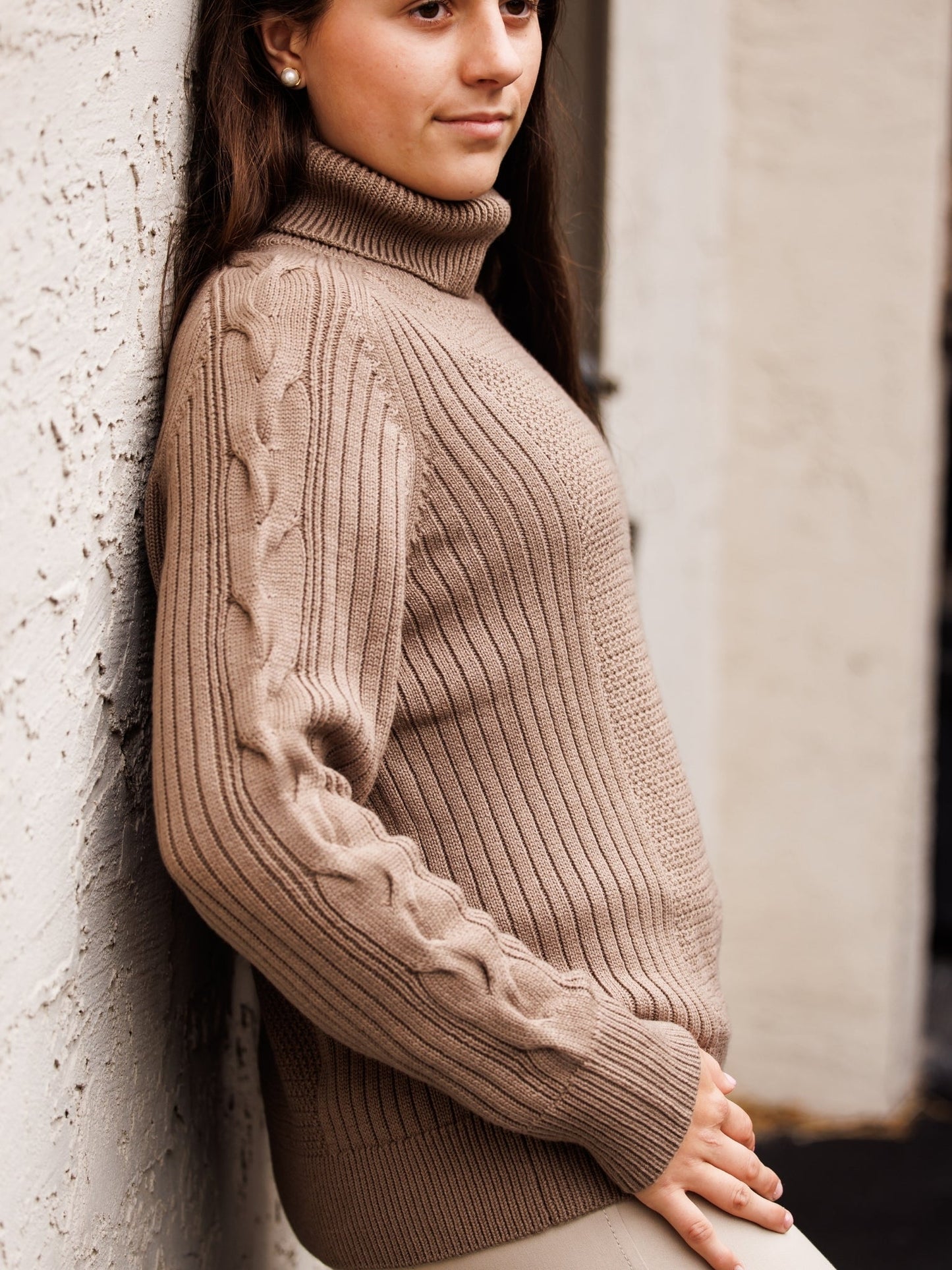 Laced Rein Cable Knit Sweater - Tan