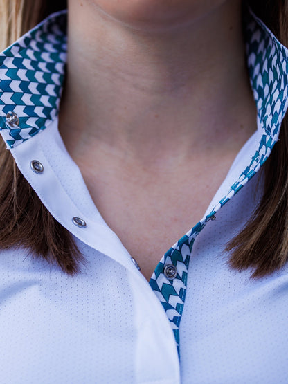 Geometric Ladies Talent Yarn Straight Collar Short Sleeve Show Shirt - Green