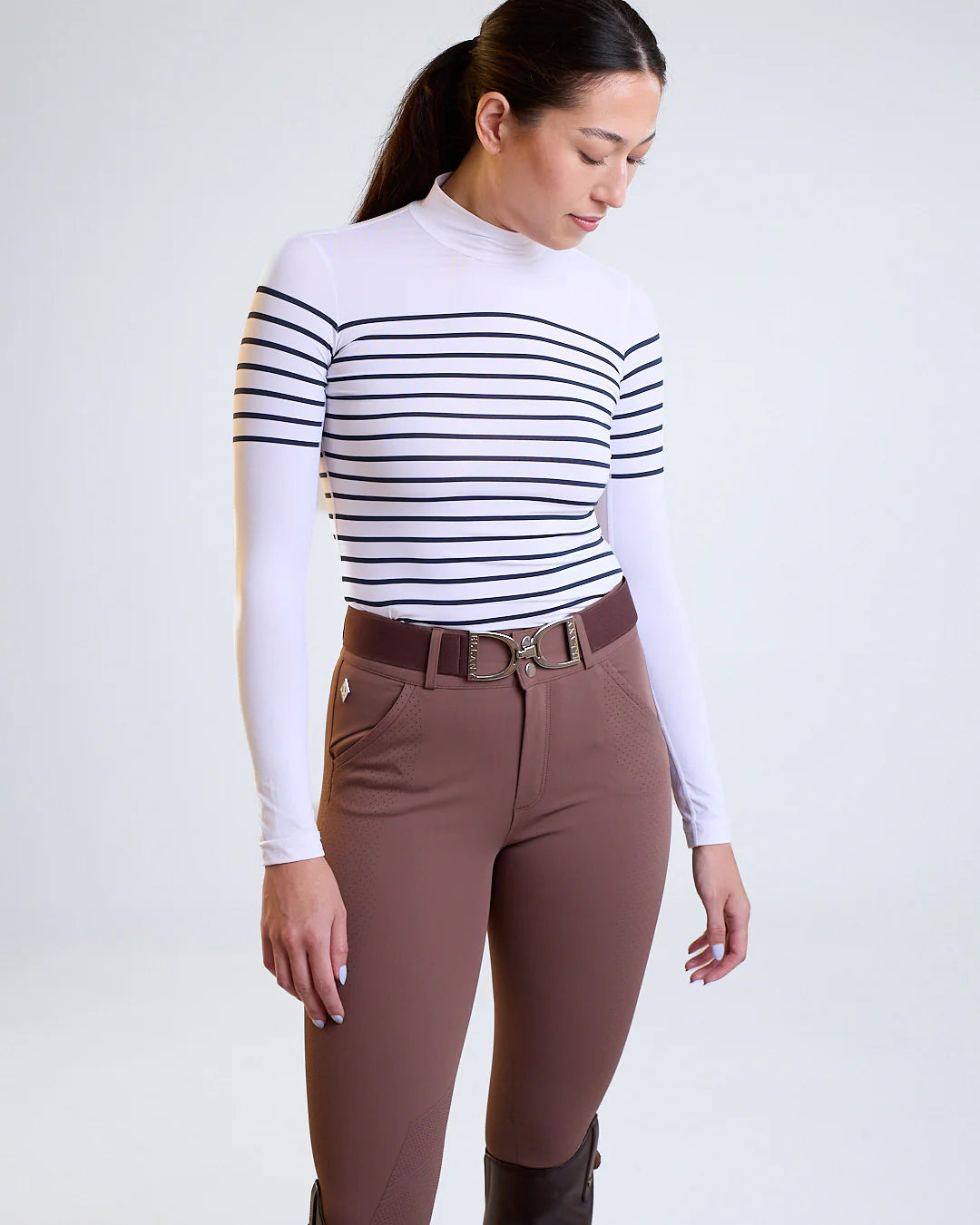 French Stripe Performance Mock Neck In White/ Dark Navy Stripe