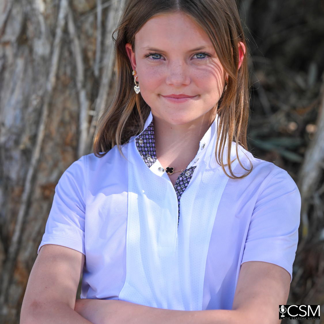 Girls "Luna II" Lilac Short Sleeve Performance Show Shirt with Diamond and Daisy Trim