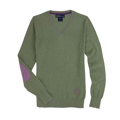 Moss Green with Mauve Trey V-Neck Sweater
