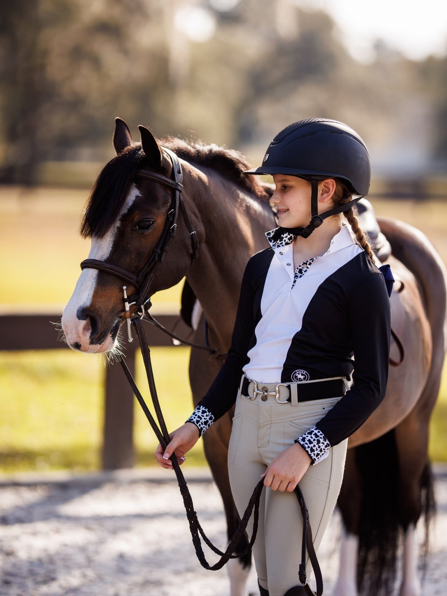 Girls "Luna II" Black with Cows Long Sleeve Performance Show Shirt