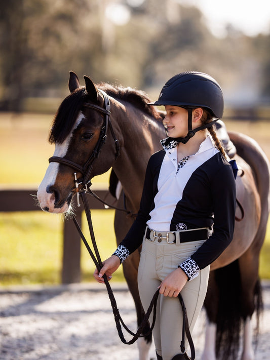 Girls "Luna II" Black with Cows Long Sleeve Performance Show Shirt