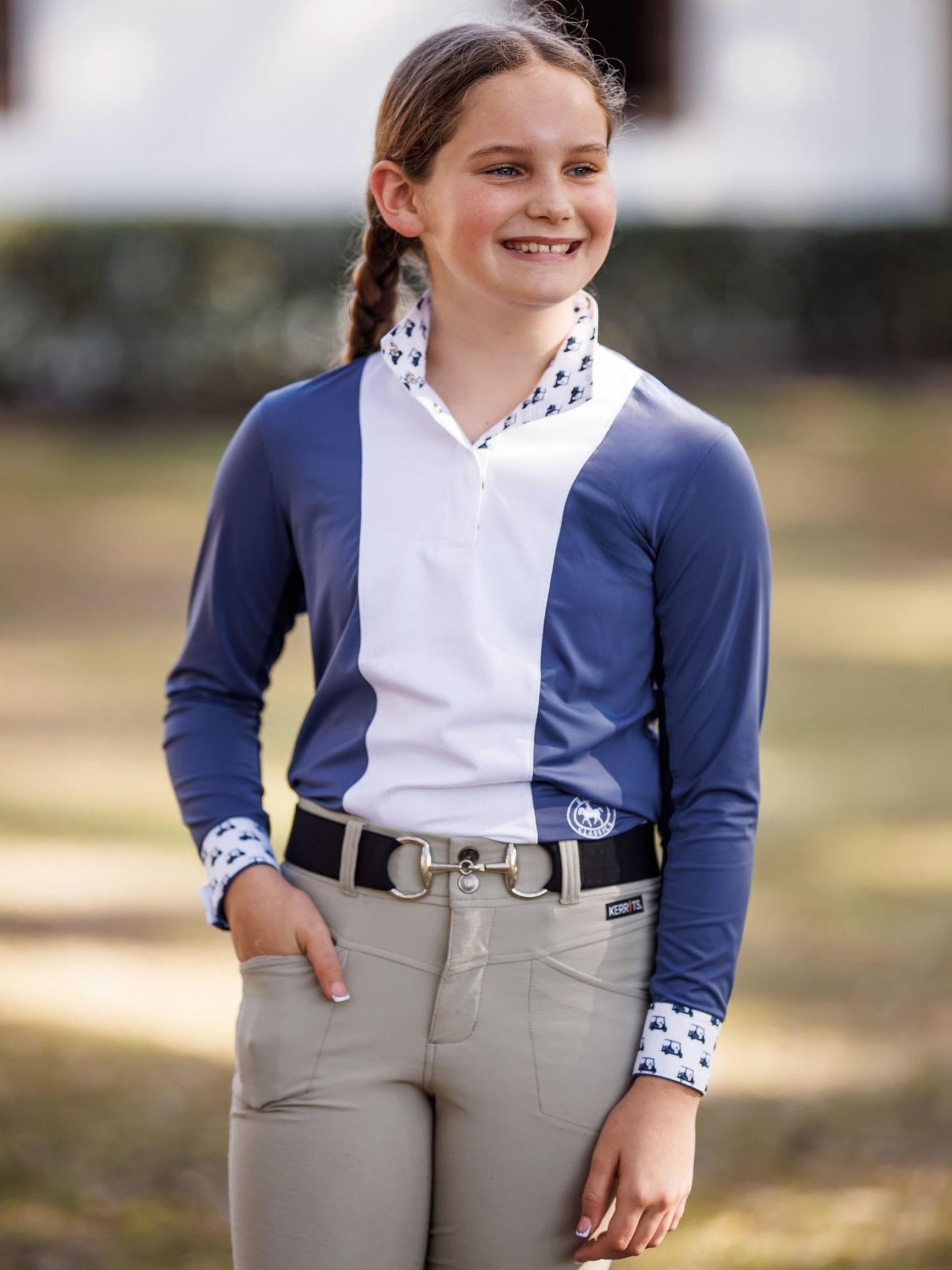 Girls "Luna II" Marine Blue with Golf Carts Long Sleeve Performance Show Shirt