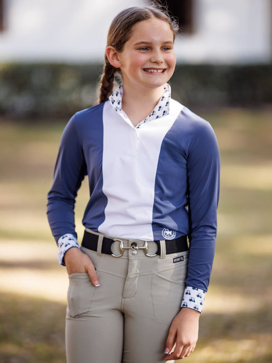 Girls "Luna II" Marine Blue with Golf Carts Long Sleeve Performance Show Shirt