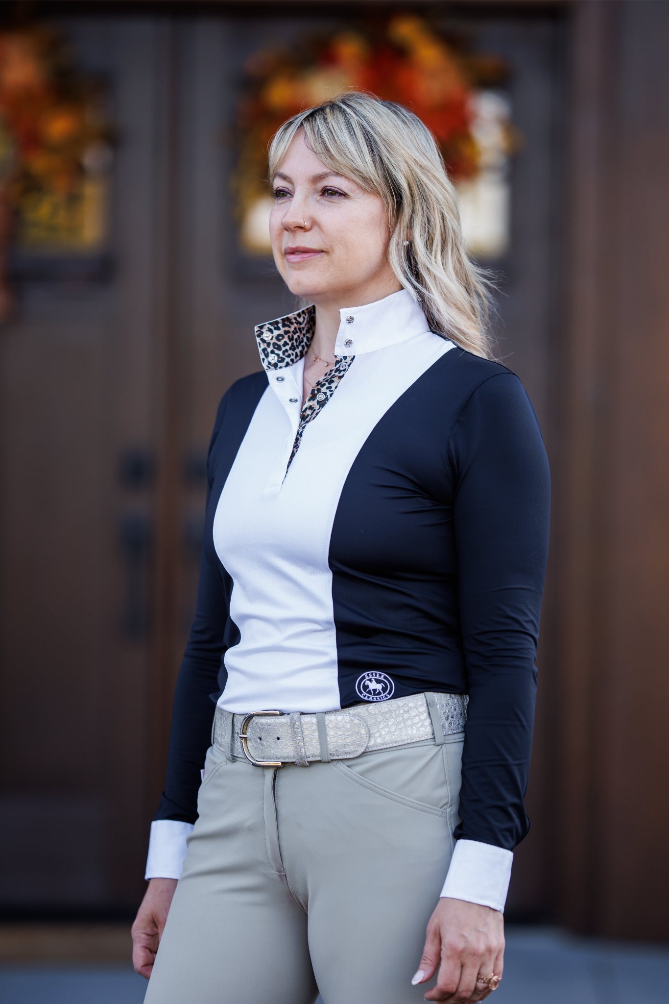 Ladies "Luna II" Black with Leopard Long Sleeve Performance Show Shirt