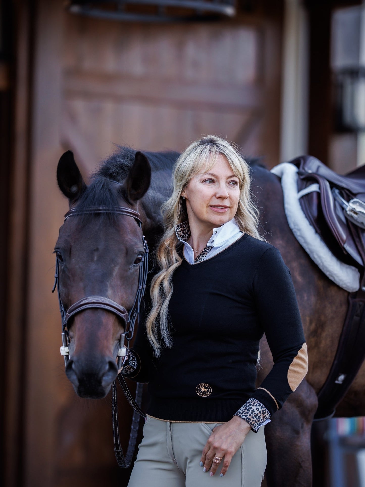 Black with Camel Trey V-Neck Sweater