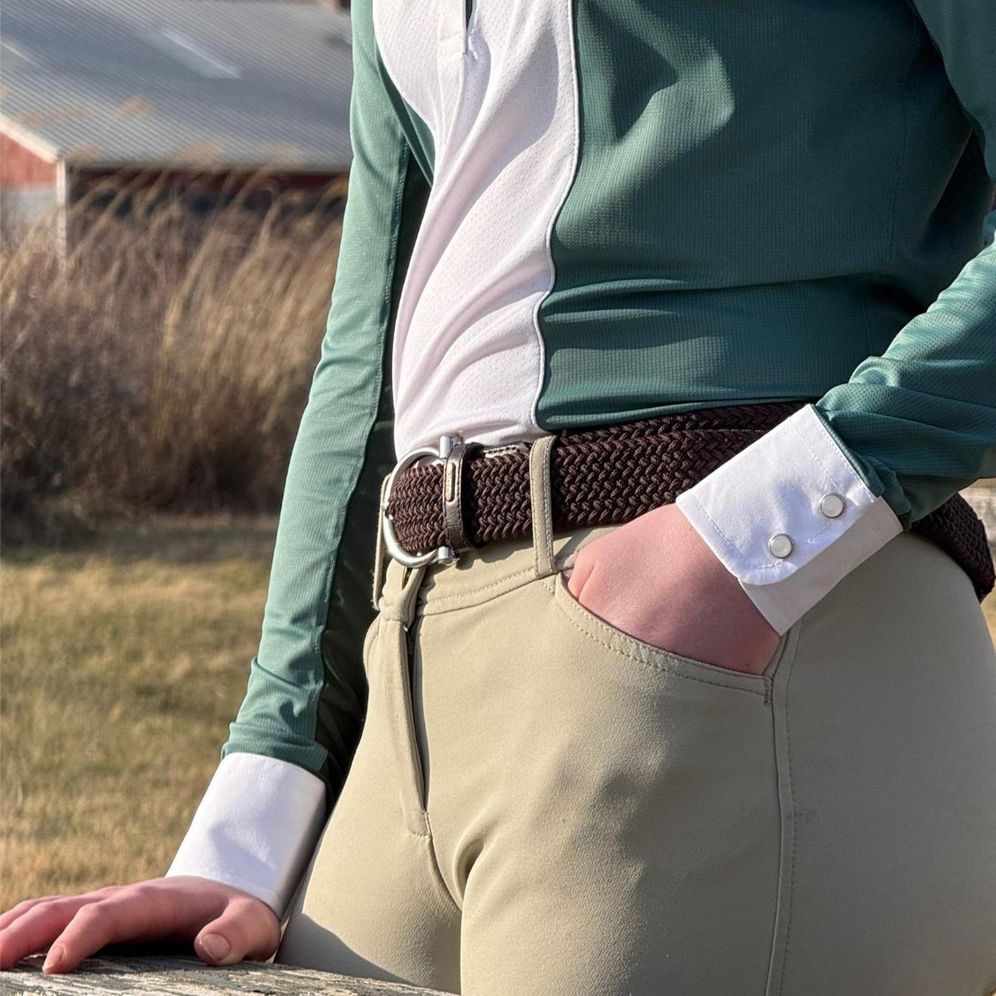 Girls "Luna II" Forest Green Self-Trim Long Sleeve Performance Show Shirt