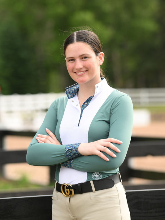 Ladies "Luna II" Forest Green with Golden Snaffle Long Sleeve Performance Show Shirt