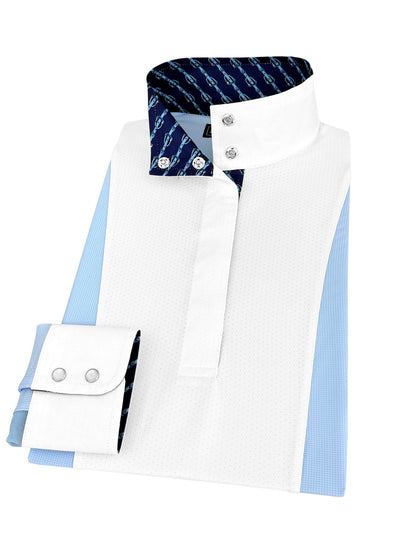 Girls "Luna II" Light Blue Long Sleeve Performance Show Shirt with Blue Checks Trim