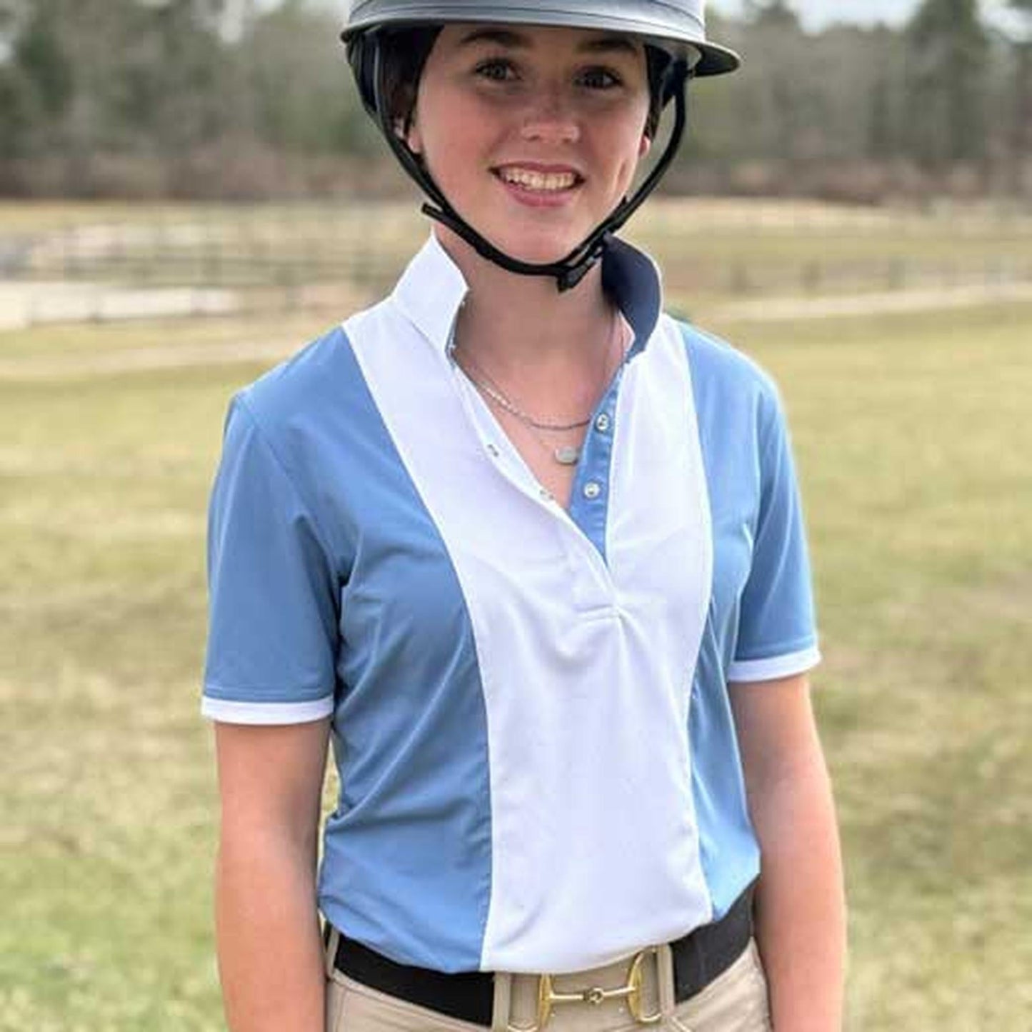 Girls "Luna II" Blue Self-Trim Short Sleeve Performance Show Shirt