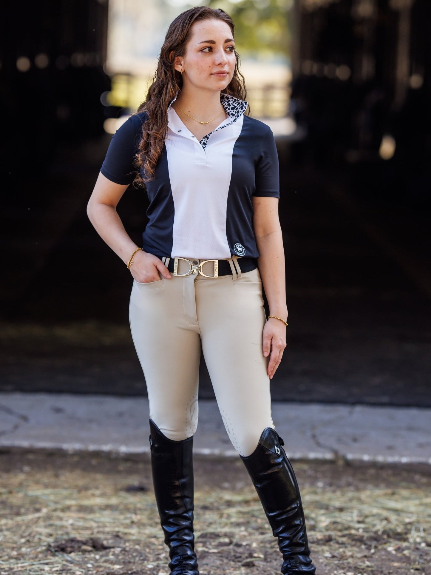 Ladies "Luna II" Black with Cows Short Sleeve Performance Show Shirt