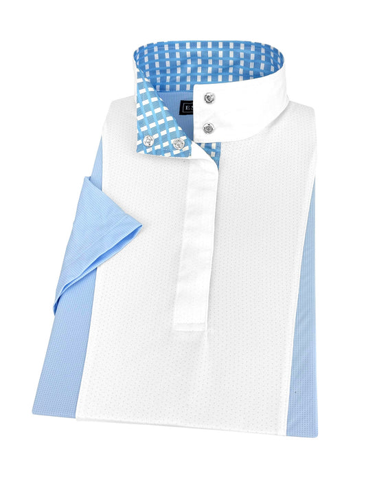 Girls "Luna II" Light Blue Short Sleeve Performance Show Shirt with Blue Checks Trim