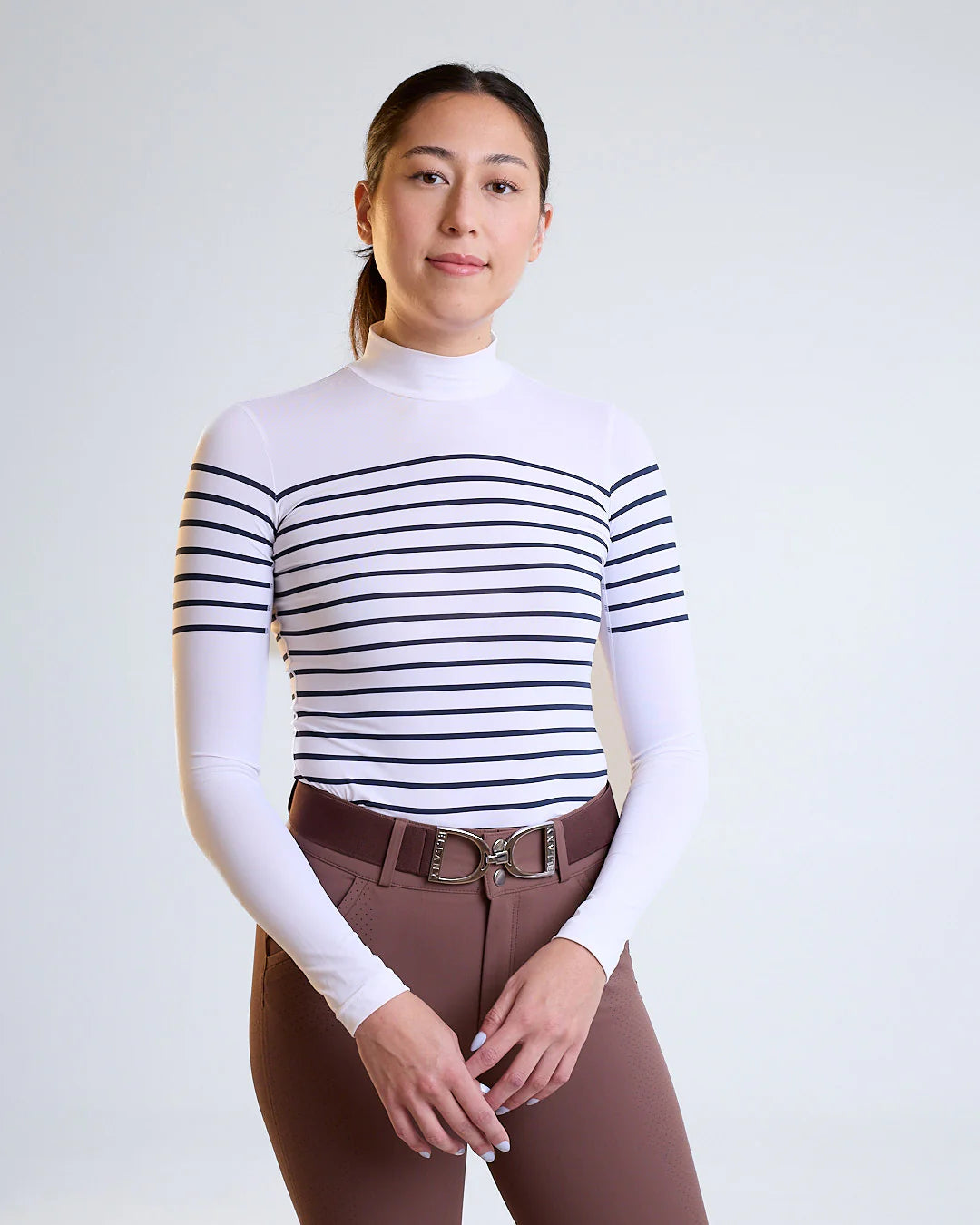 French Stripe Performance Mock Neck In White/ Dark Navy Stripe