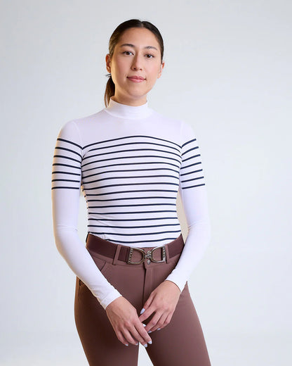 French Stripe Performance Mock Neck In White/ Dark Navy Stripe